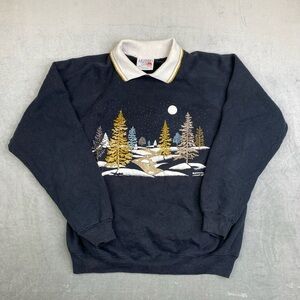 Vintage Morning Sun Scenic Forest Sweatshirt Navy Graphic Womens XL